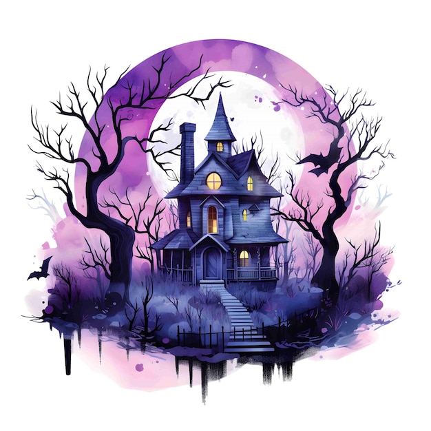紫のお化け屋敷の水彩イラストを使用したかわいいハロウィーンのグラフィック クリップアート