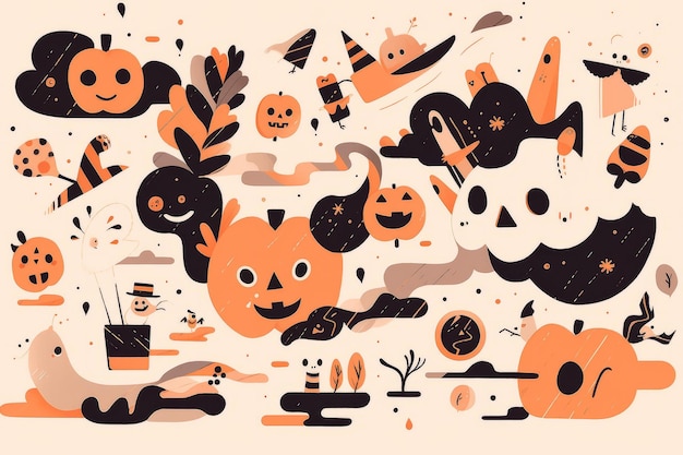 Cute halloween illustration with ghosts and pumpkins