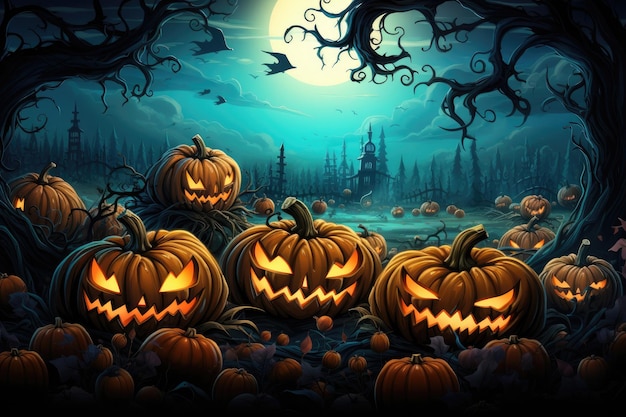 Cute halloween night cemetery wallpaper with spooky pumpkin witch moon bats and graveyard