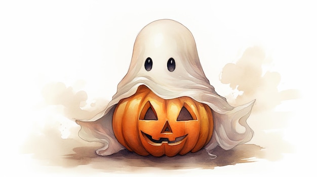 Cute Halloween Pumpkin and Ghost on White Background Spooky Holiday Image