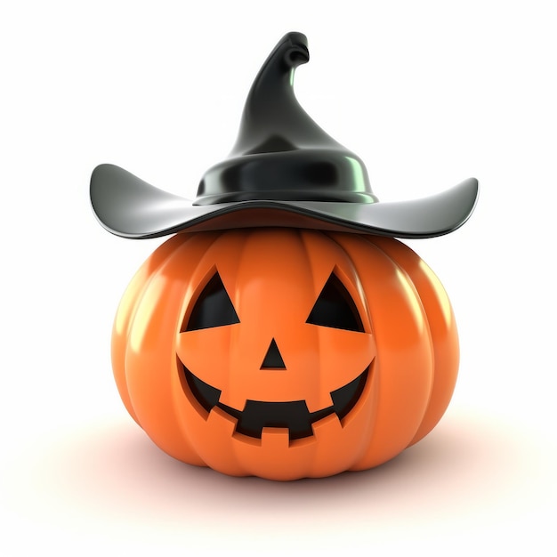 Cute Halloween Pumpkin With Witch Hat 3d Render On White Background