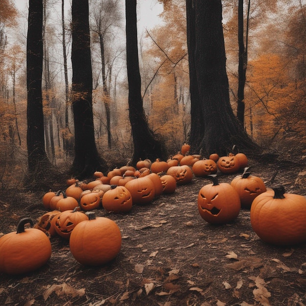 Cute halloween pumpkins in forest ai generated