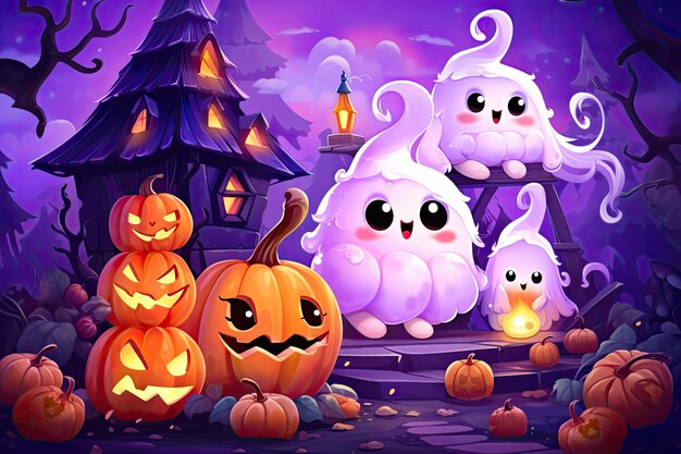 Photo cute halloween scene with candy witch ghost cartoon style generative ai