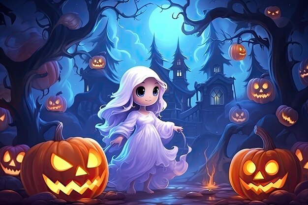 Photo cute halloween scene with candy witch ghost cartoon style generative ai