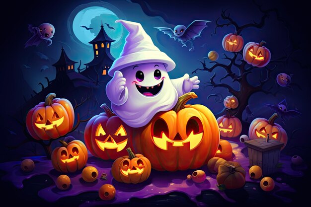 cute halloween scene with candy witch ghost cartoon style generative ai