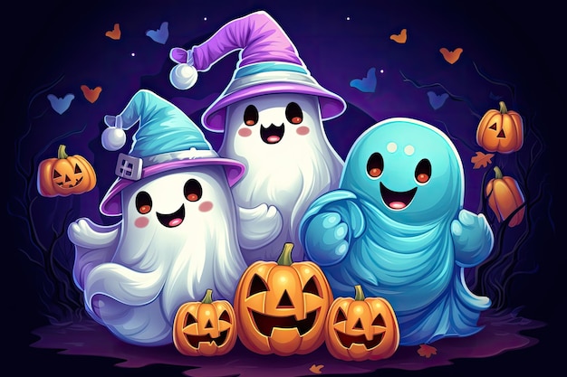 Photo cute halloween scene with candy witch ghost cartoon style generative ai
