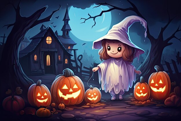 Cute halloween scene with ghost witch candy beautiful cartoon style generative ai