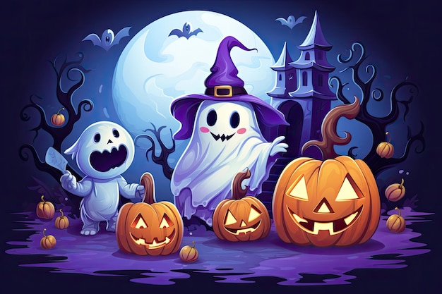 cute halloween scene with ghost witch candy beautiful cartoon style generative ai