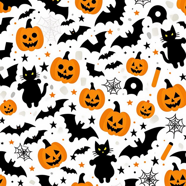 Cute Halloween Seamless Pattern With Pumpkin Bat in White Background