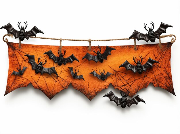 Photo cute halloween sign with spiders and bats on white back