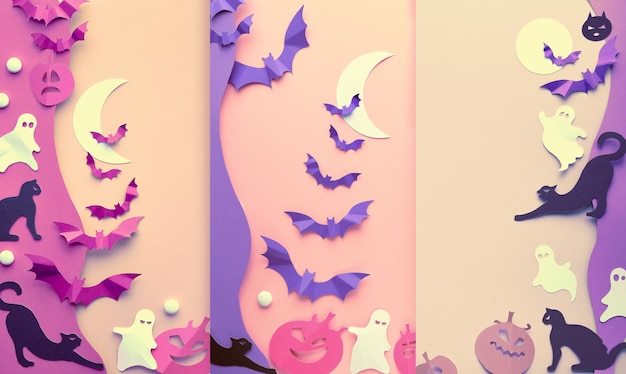 Simpatici sfondi verticali di halloween per storie multimediali gatti neri kawaii vibranti pipistrelli di carta viola zucche rosa dolci divertenti fantasmi bianchi posa piatta su carta rosa e viola