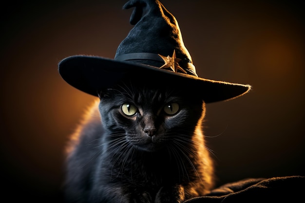 A cute halloween witches black cat wearing a witch hat Generative ai