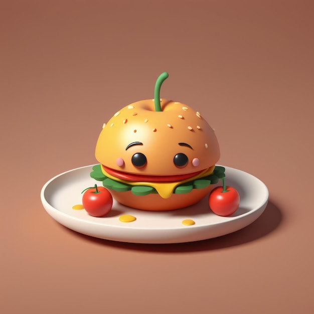 Photo cute hamburger with burger illustration rendering cute hamburger with burger illustration r