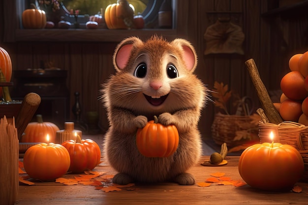 Cute hamster character at home in the autumn forest holding pumpkin