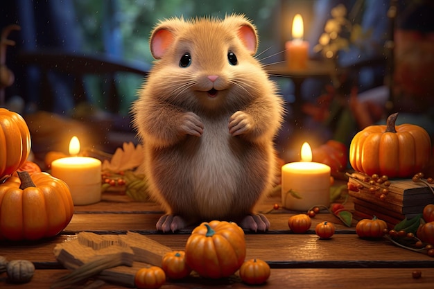 Cute hamster character at home in the autumn forest surrounded by pumpkins