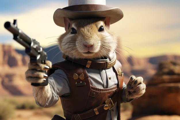 Photo a cute hamster dressed in a cowboy outfit holding a gun perfect for westernthemed designs and illustrations