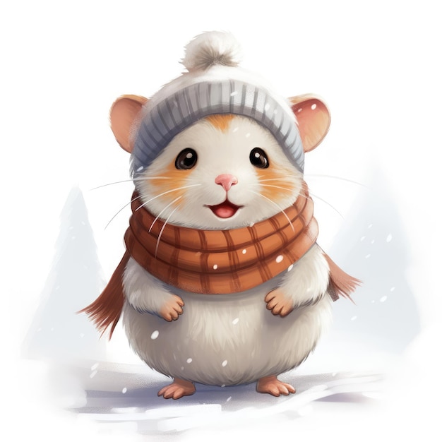 Cute hamster in a knitted hat and scarf on a white background