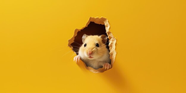 Cute hamster peeking out of a hole in wall torn hole empty copy space frame mockup generative ai image weber