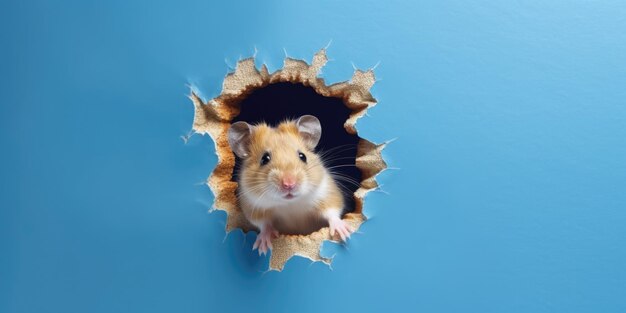 Cute Hamster peeking out of a hole in wall torn hole empty copy space frame mockup Generative AI image weber