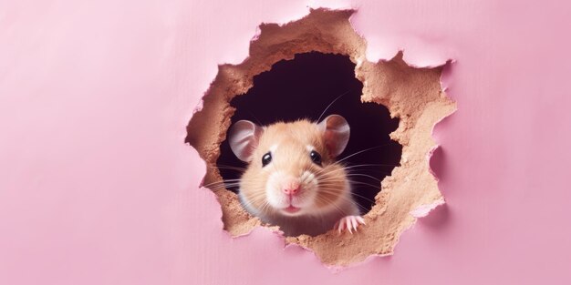 Photo cute hamster peeking out of a hole in wall torn hole empty copy space frame mockup generative ai image weber