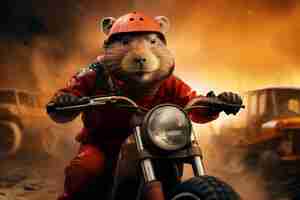 Photo cute hamster riding a motorcycle motorcyclist rides a motorcycle