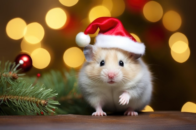 산타 모자를 쓴 귀여운 햄스터와 보케 배경의 크리스마스 트리