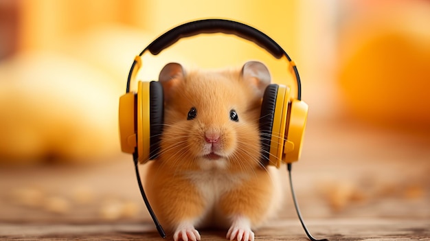 Cute hamster wearing stylish wireless headphones on plain background with copy space