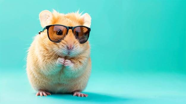 Cute Hamster Wearing Sunglasses Against A Cyan Background With Copy Space