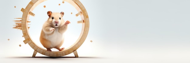 Cute hamster in a wheel on a light background Banner with space for text