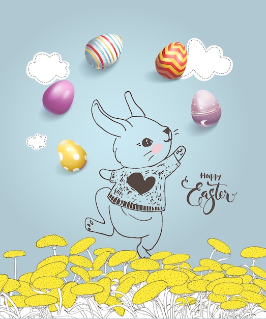 Cute hand drawn bunny on dandelion field, colorful eggs, Happy Easter inscription handwritten with calligraphic font on blue background. Holiday vector illustration for greeting card, poster