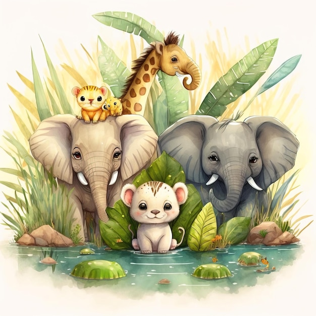 어린이 그림책에 사용할 수 있는 만화 코끼리의 귀여운 손으로 그린 그림