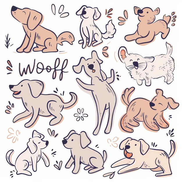 Photo cute hand drawn of playful dogs with minimalist shapes and accents in neutral tones