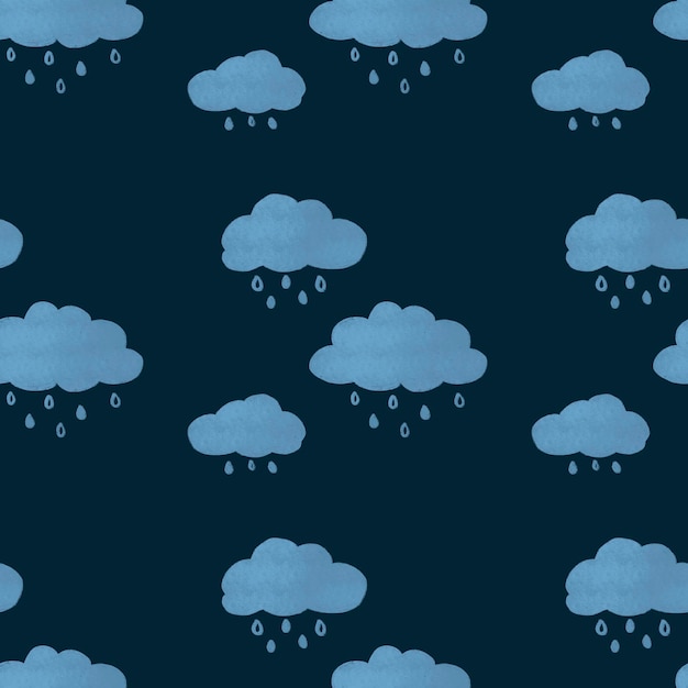 Cute hand drawn rainy clouds on dark blue background seamless pattern