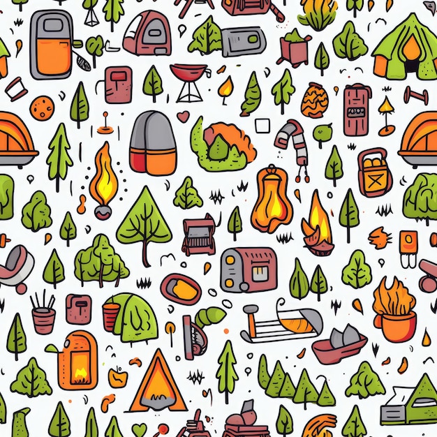 Photo cute hand drawn seamless pattern with camping doodles tents landscape and trails great for textiles banners wallpapers ai generative