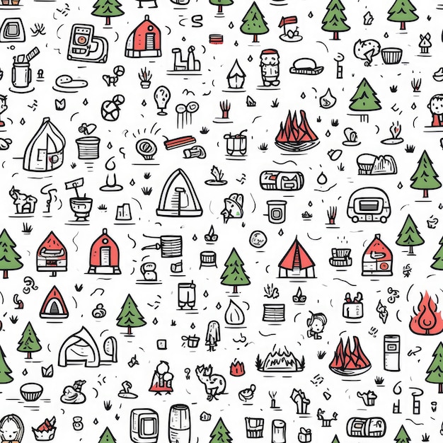 Cute hand drawn seamless pattern with camping doodles tents landscape and trails great for textiles banners wallpapers AI Generative