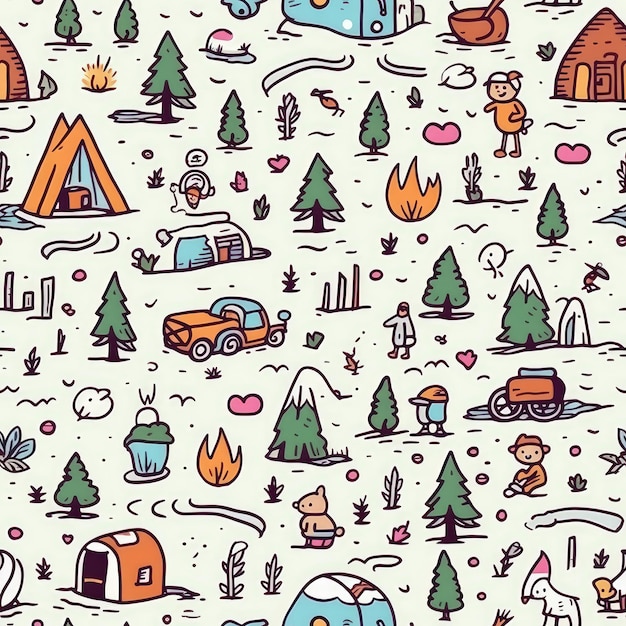 Cute hand drawn seamless pattern with camping doodles tents landscape and trails great for textiles banners wallpapers AI Generative