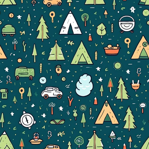 Photo cute hand drawn seamless pattern with camping doodles tents landscape and trails great for textiles banners wallpapers ai generative