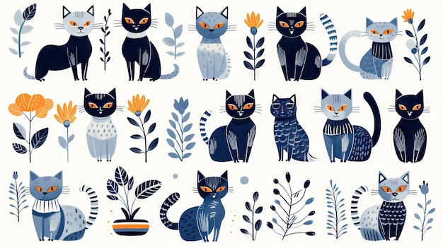 Cute hand drawn seamless pattern with cats boho style wallpaper