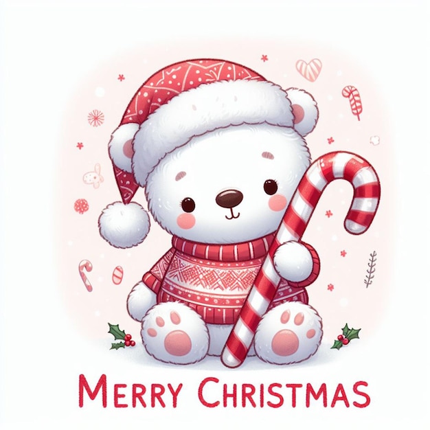 Милый, нарисованный рукой, сидящий рождественский белый медведь