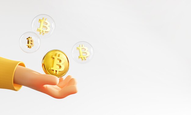 Cute Hand Holding Bitcoin Bubble Copy Space 3D Rendering