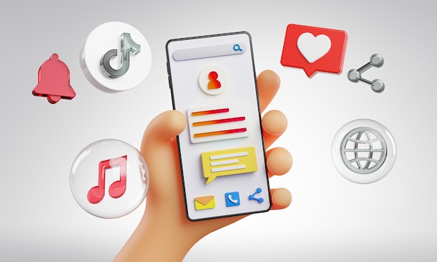 Cute Hand Holding Phone TikTok Icons Around 3D Rendering