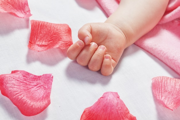 Cute hand the sleeping baby and around the petals of roses. Close-up.