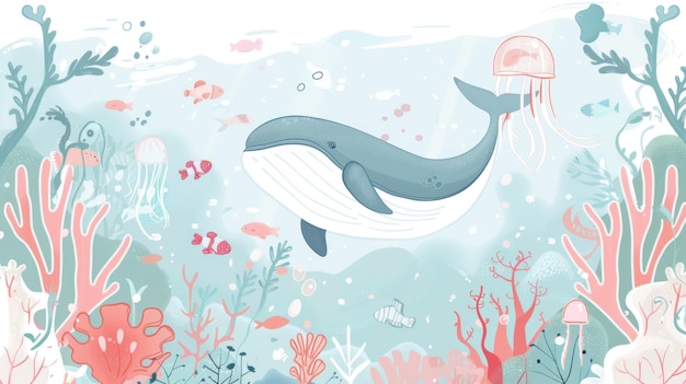 cute handdrawn illustrationwhale in the ocean wallpaper