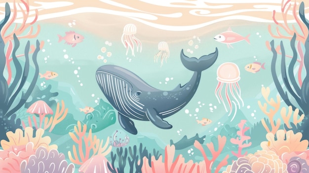 cute handdrawn illustrationwhale in the ocean wallpaper
