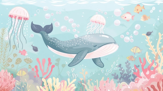 cute handdrawn illustrationwhale in the ocean wallpaper