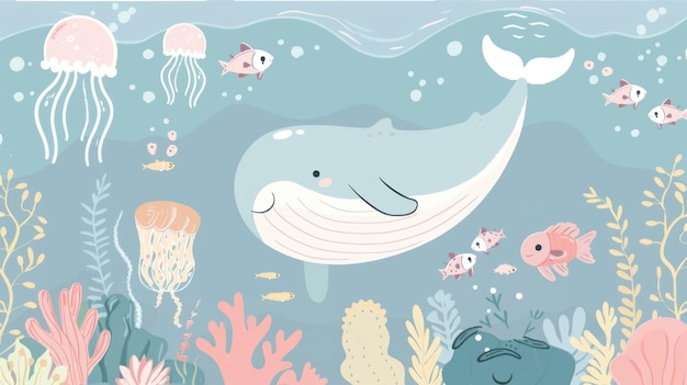 cute handdrawn illustrationwhale in the ocean wallpaper