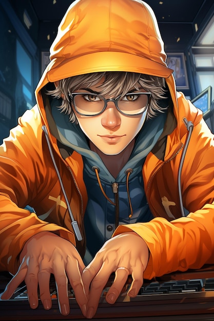 cute and handsome anime boy hacker HD 8K wallpaper Stock Photographic Image