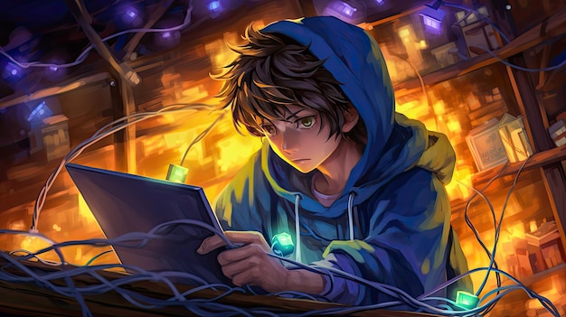 Premium AI Image  cute and handsome anime boy hacker HD 8K wallpaper Stock  Photographic Image