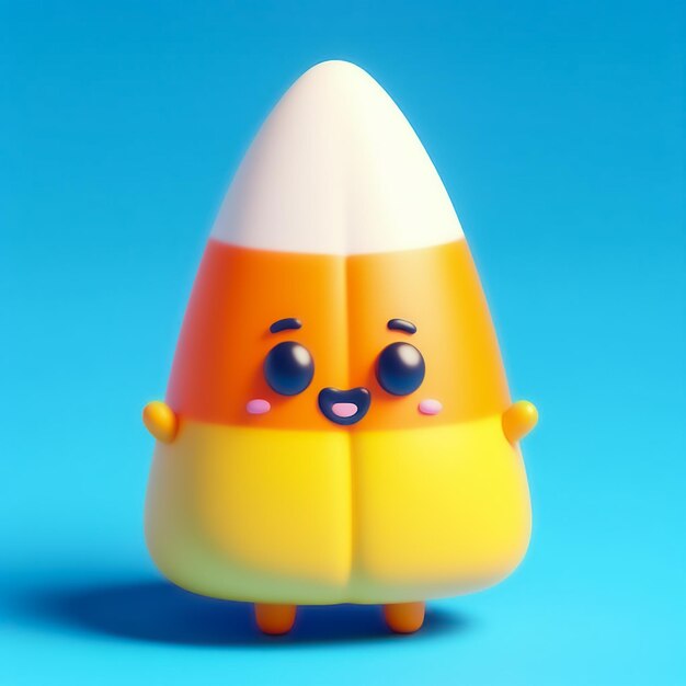 A cute happy 3d candy corn character on an blue background