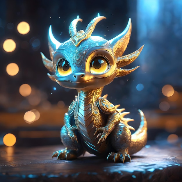 Милый, счастливый и очаровательный маленький дракон с светящимися глазами.